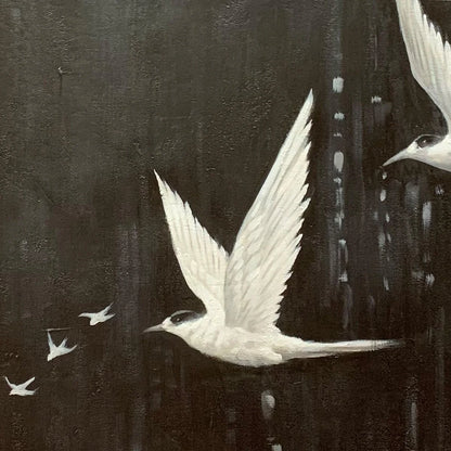 NIGHT FLIGHT: Monochromatic Birds in Flight Oil Painting | rolled canvas, ready for custom framing