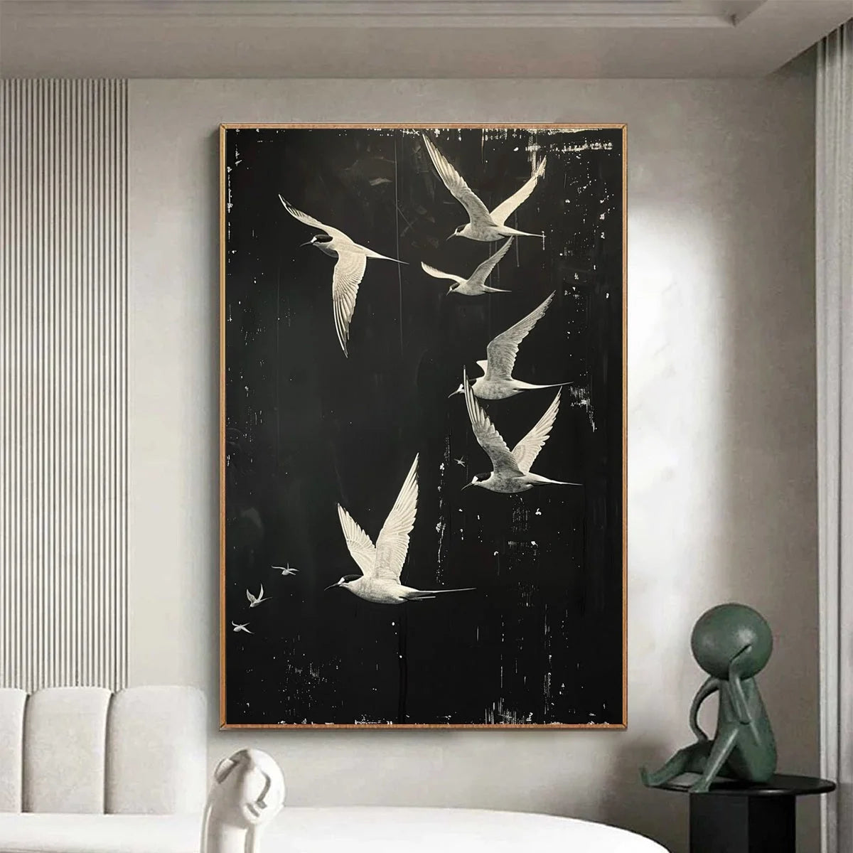 NIGHT FLIGHT: Monochromatic Birds in Flight Oil Painting | black frame version on white wall