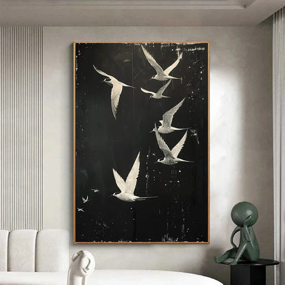 NIGHT FLIGHT: Monochromatic Birds in Flight Oil Painting | black frame version on white wall