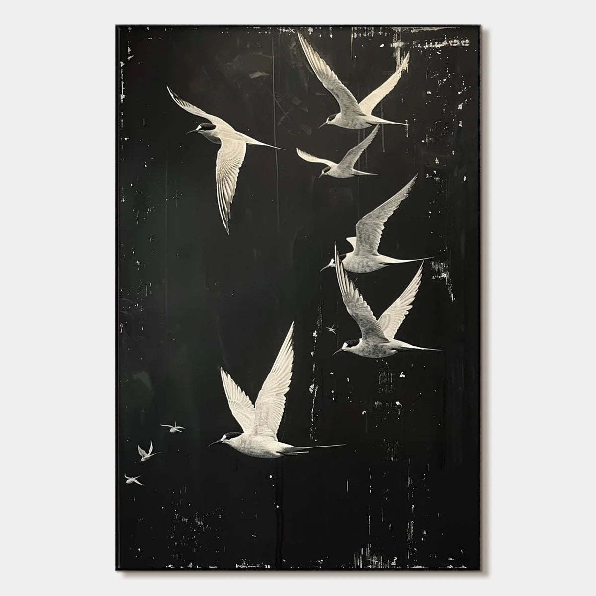 NIGHT FLIGHT: Monochromatic Birds in Flight Oil Painting | hanging in living room, Figurative wall art