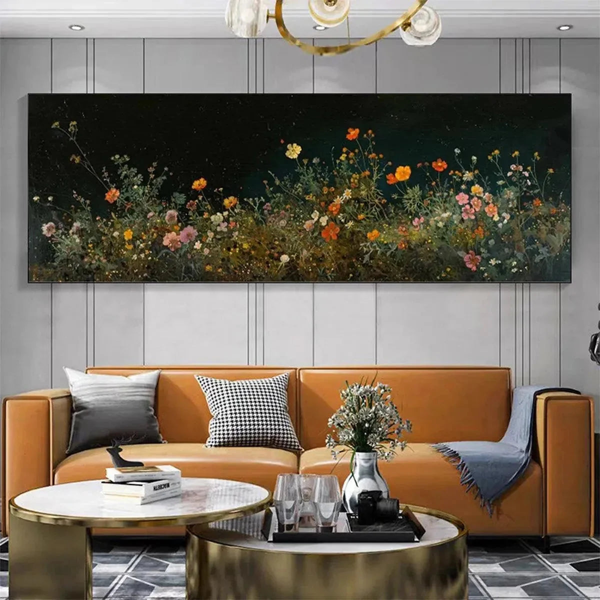 NIGHT GARDEN PANORAMIC: Wildflower Painting, Panoramic Wall Art, Dark Floral Decor | Abstract closeup, raised brushwork detail