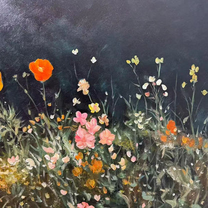 NIGHT GARDEN PANORAMIC: Wildflower Painting, Panoramic Wall Art, Dark Floral Decor | rectangular format, hand-painted canvas edge