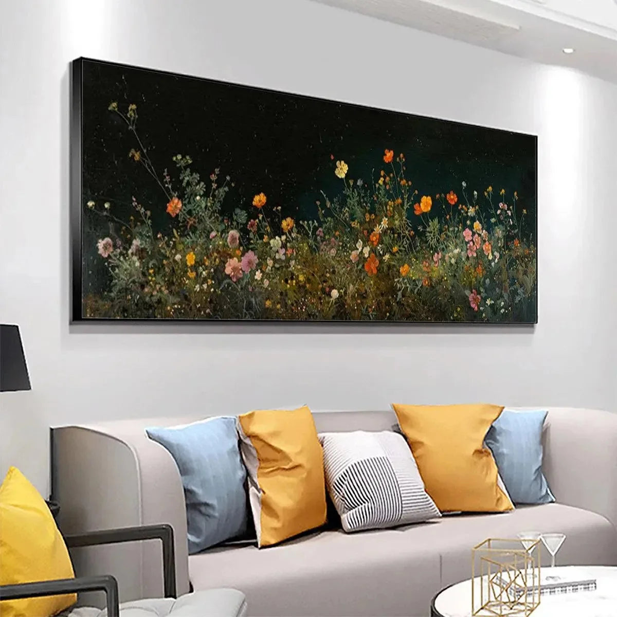 NIGHT GARDEN PANORAMIC: Wildflower Painting, Panoramic Wall Art, Dark Floral Decor | gold frame stretched on neutral wall