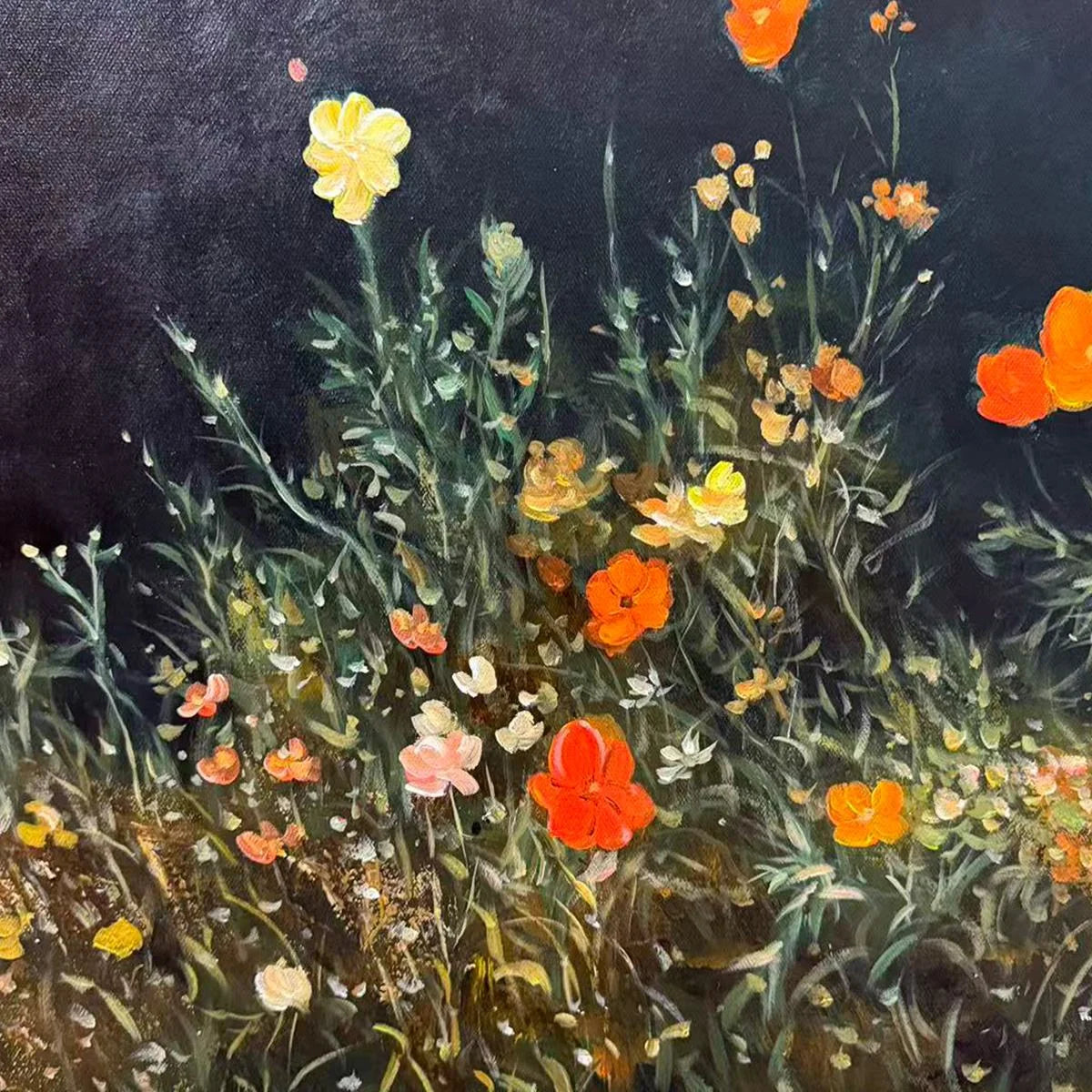 NIGHT GARDEN PANORAMIC: Wildflower Painting, Panoramic Wall Art, Dark Floral Decor | rolled canvas, ready for custom framing