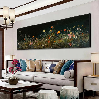 NIGHT GARDEN PANORAMIC: Wildflower Painting, Panoramic Wall Art, Dark Floral Decor | black frame version on white wall