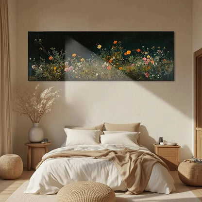 NIGHT GARDEN PANORAMIC: Wildflower Painting, Panoramic Wall Art, Dark Floral Decor | Abstract mood, soft natural light studio shot