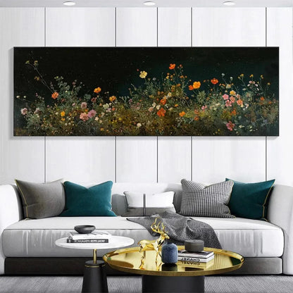 NIGHT GARDEN PANORAMIC: Wildflower Painting, Panoramic Wall Art, Dark Floral Decor | multi-color palette, original oil on stretched canvas art