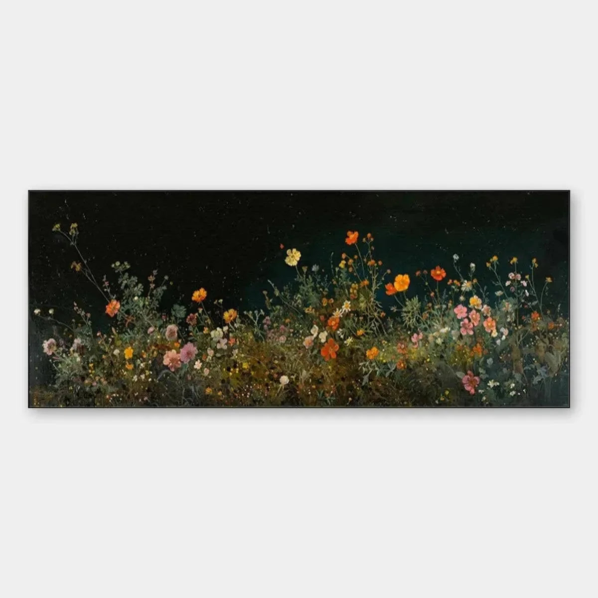 NIGHT GARDEN PANORAMIC: Wildflower Painting, Panoramic Wall Art, Dark Floral Decor | hanging in living room, Abstract wall art