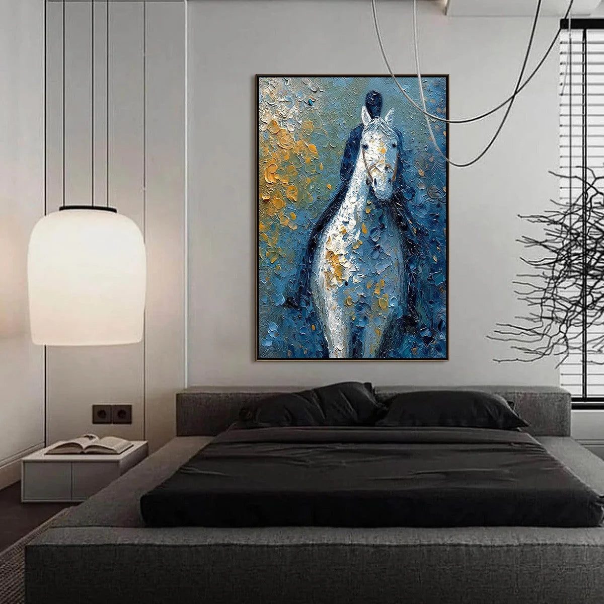 NOBLE COMPANION: Textured Impasto Horse and Rider Painting | gold frame stretched on neutral wall