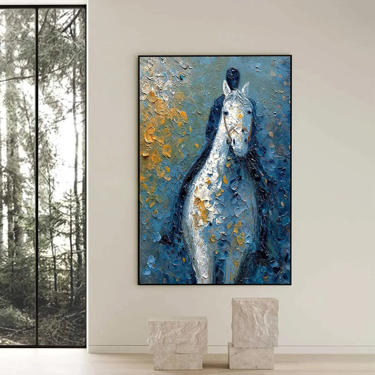 NOBLE COMPANION: Textured Impasto Horse and Rider Painting | black frame version on white wall