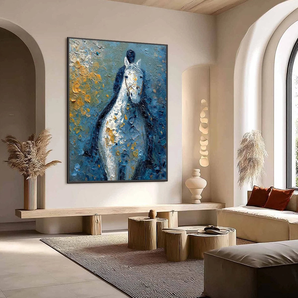 NOBLE COMPANION: Textured Impasto Horse and Rider Painting | Abstract mood, soft natural light studio shot