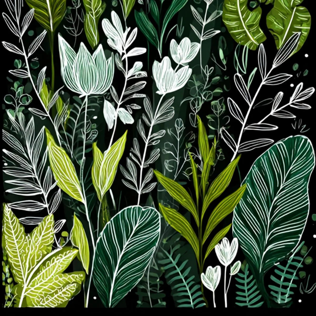 NOCTURNAL GARDEN: Modern Graphic Botanical Illustration Art | rectangular format, hand-painted canvas edge