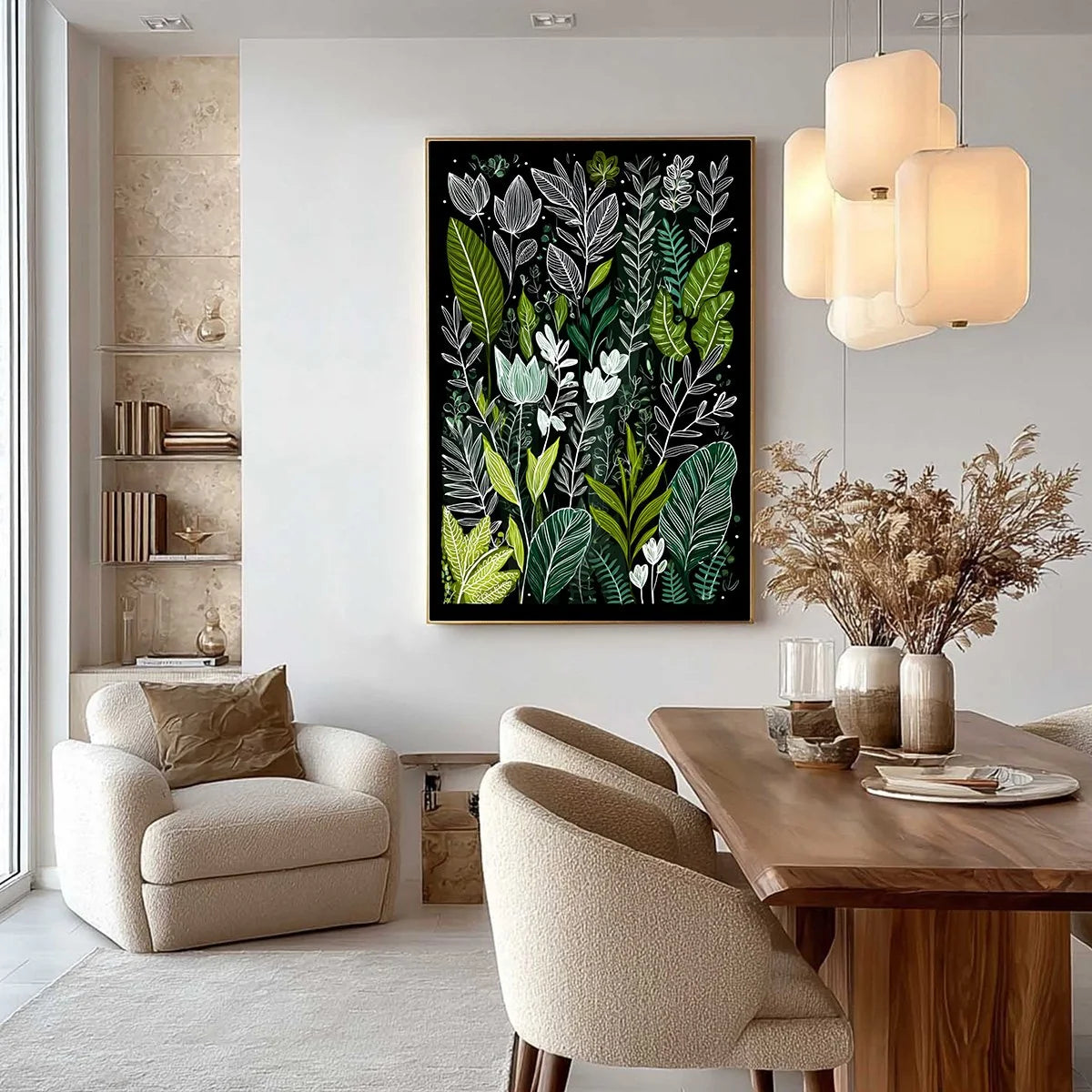 NOCTURNAL GARDEN: Modern Graphic Botanical Illustration Art | gold frame stretched on neutral wall