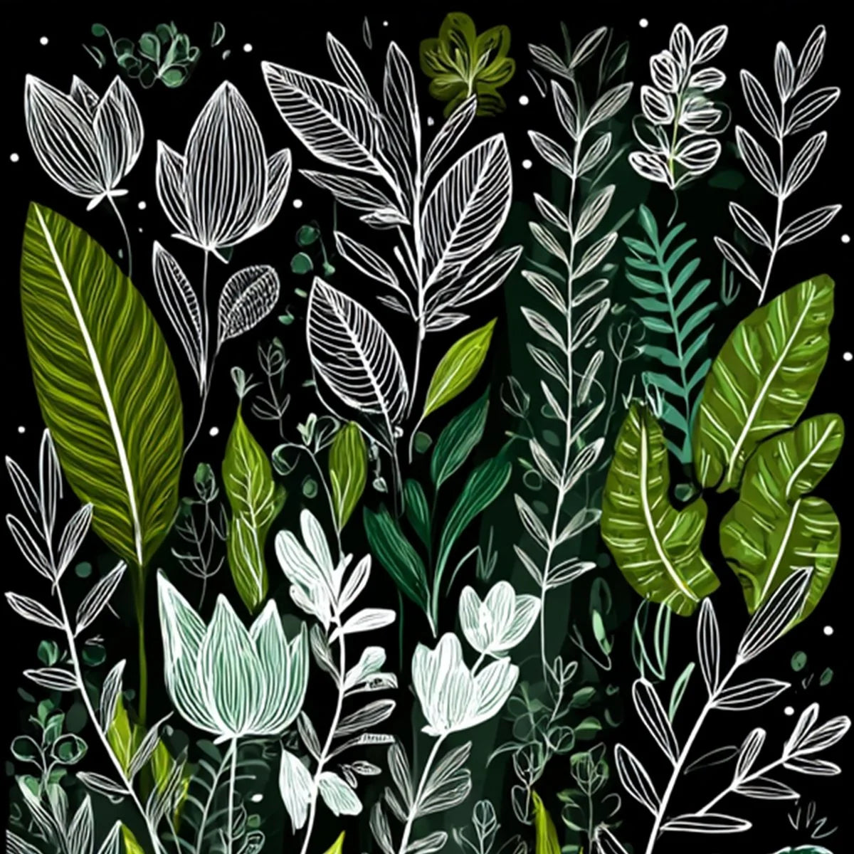 NOCTURNAL GARDEN: Modern Graphic Botanical Illustration Art | rolled canvas, ready for custom framing