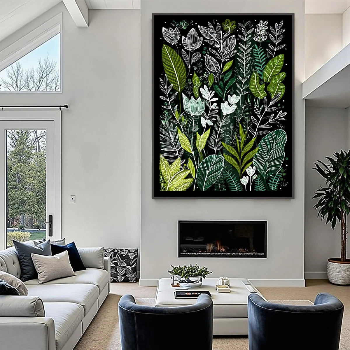 NOCTURNAL GARDEN: Modern Graphic Botanical Illustration Art | black frame version on white wall