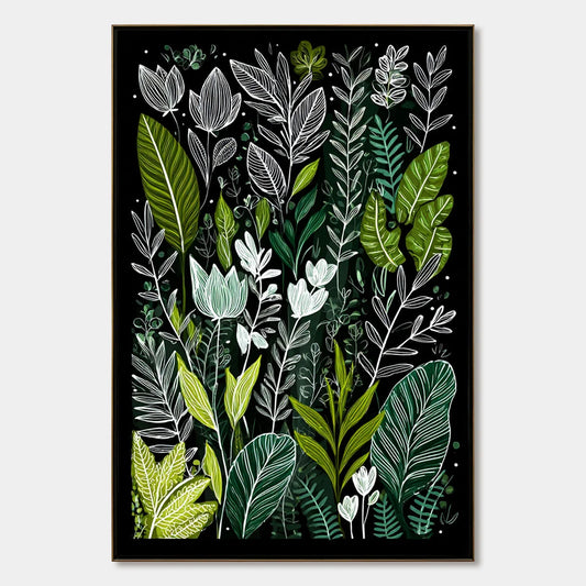NOCTURNAL GARDEN: Modern Graphic Botanical Illustration Art | hanging in living room, Abstract wall art