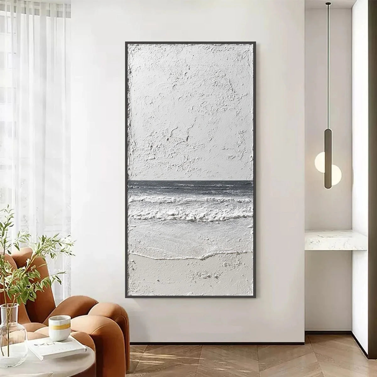 NOIR HORIZON: Textured Minimalist Black and White Seascape | Minimalist closeup, raised brushwork detail