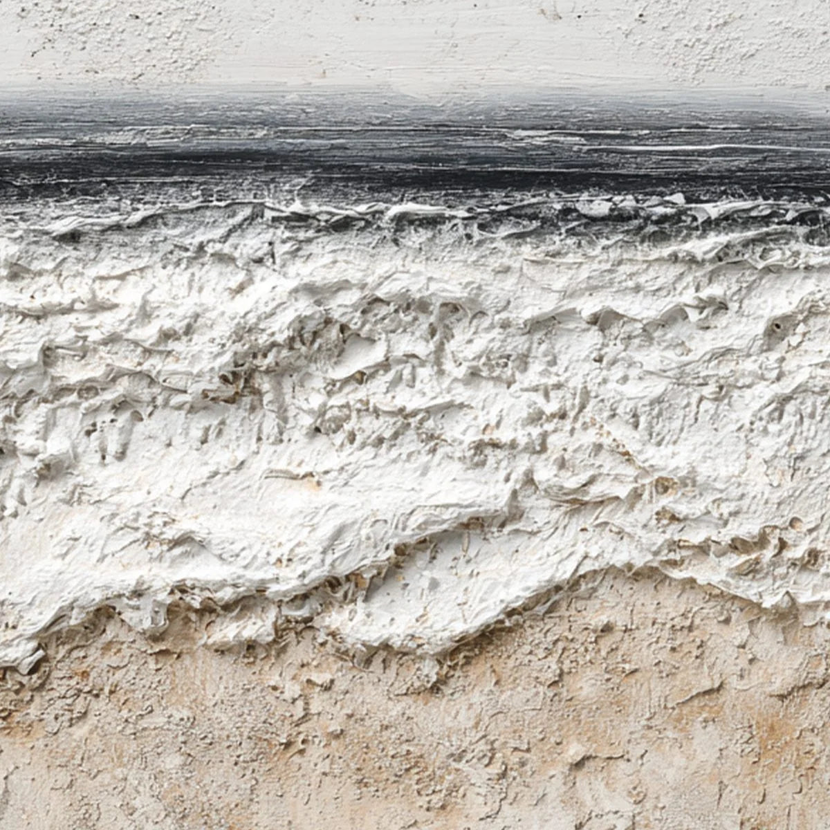 NOIR HORIZON: Textured Minimalist Black and White Seascape | rectangular format, hand-painted canvas edge
