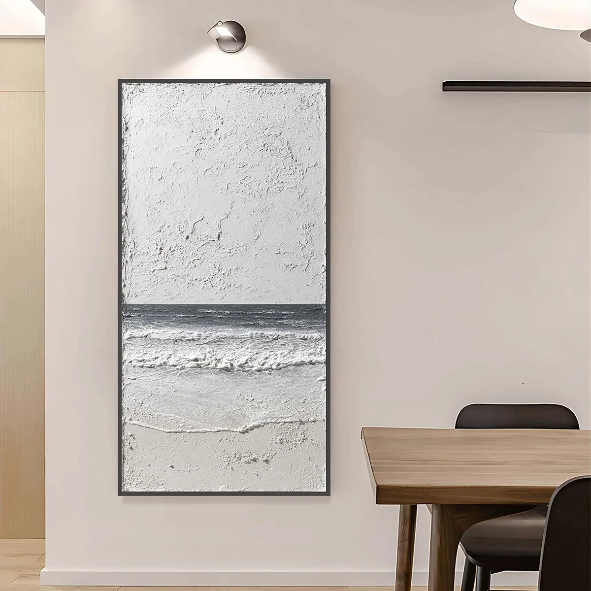 NOIR HORIZON: Textured Minimalist Black and White Seascape | gold frame stretched on neutral wall