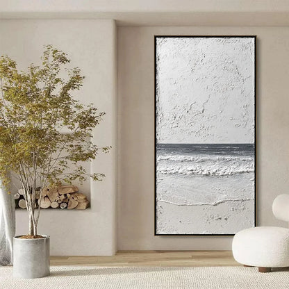 NOIR HORIZON: Textured Minimalist Black and White Seascape | black frame version on white wall