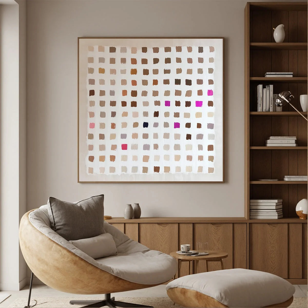 NUANCE: Minimalist Abstract Color Block Oil Painting | gold frame stretched on neutral wall