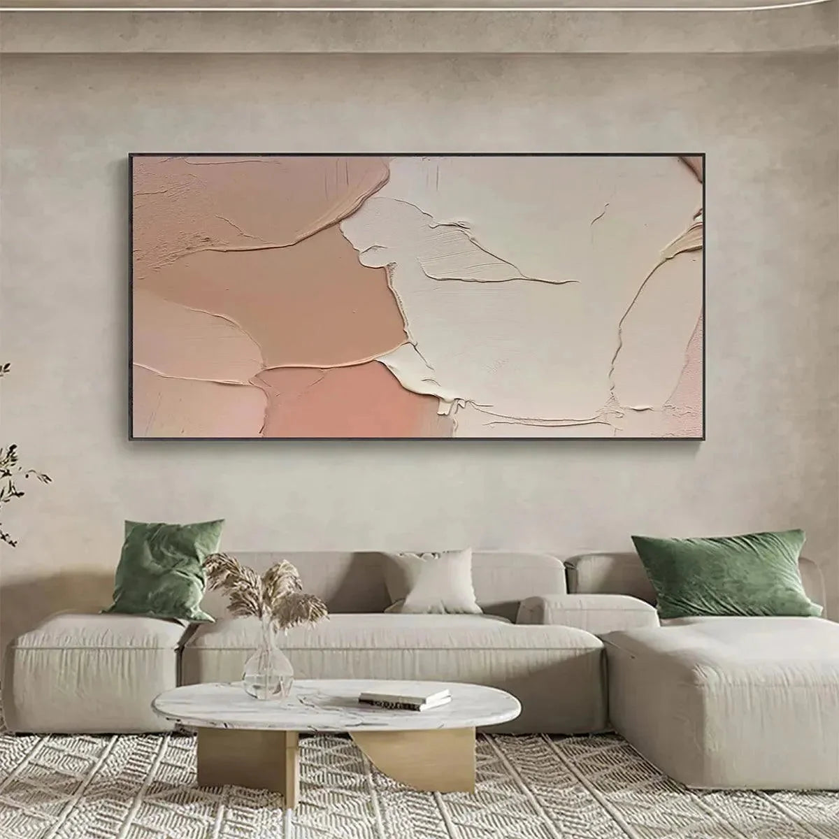NUDE ABSTRACT: Textured Abstract Painting in Neutral Tones | gold frame stretched on neutral wall