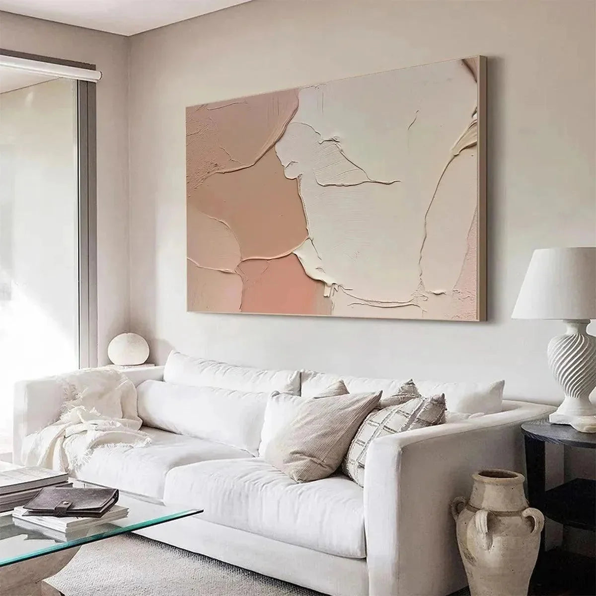NUDE ABSTRACT: Textured Abstract Painting in Neutral Tones | black frame version on white wall