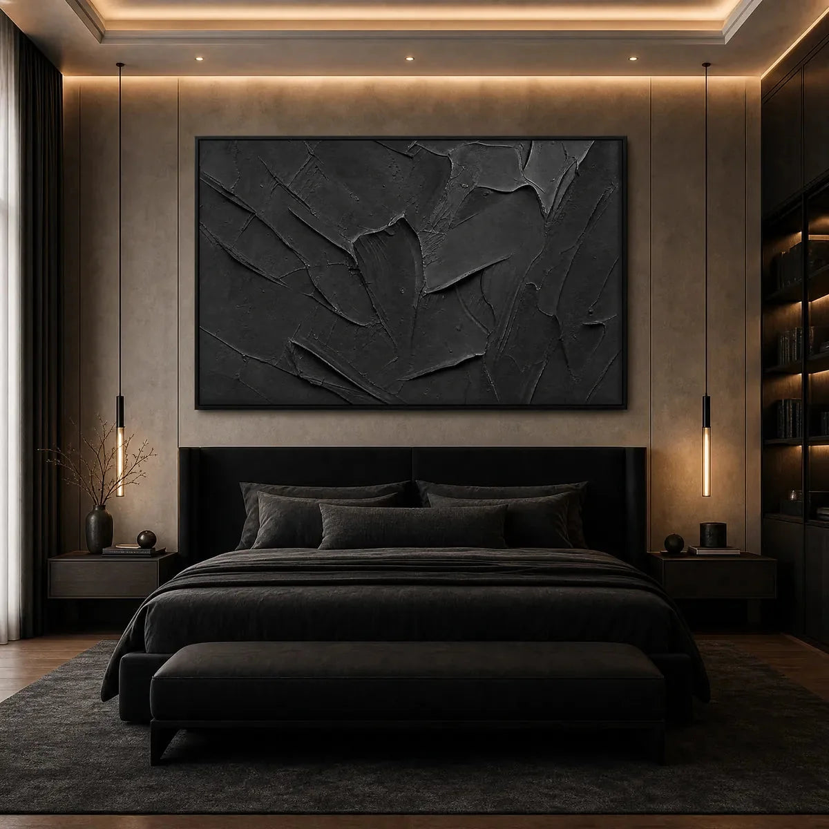 OBSIDIAN: Textured Minimalist Impasto Painting in Deep Black | Minimalist closeup, raised brushwork detail