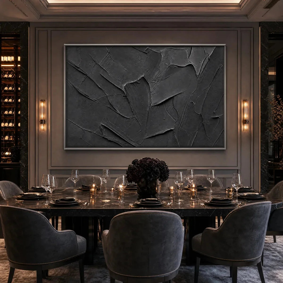 OBSIDIAN: Textured Minimalist Impasto Painting in Deep Black | gold frame stretched on neutral wall