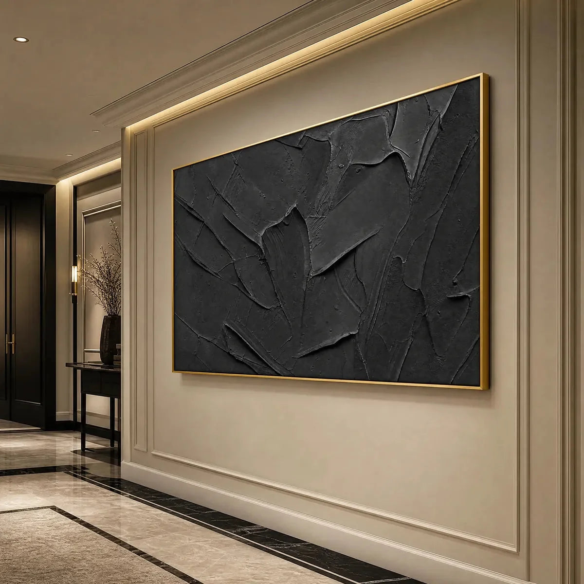 OBSIDIAN: Textured Minimalist Impasto Painting in Deep Black | black frame version on white wall