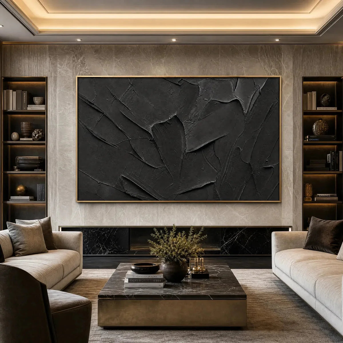OBSIDIAN: Textured Minimalist Impasto Painting in Deep Black | Minimalist mood, soft natural light studio shot