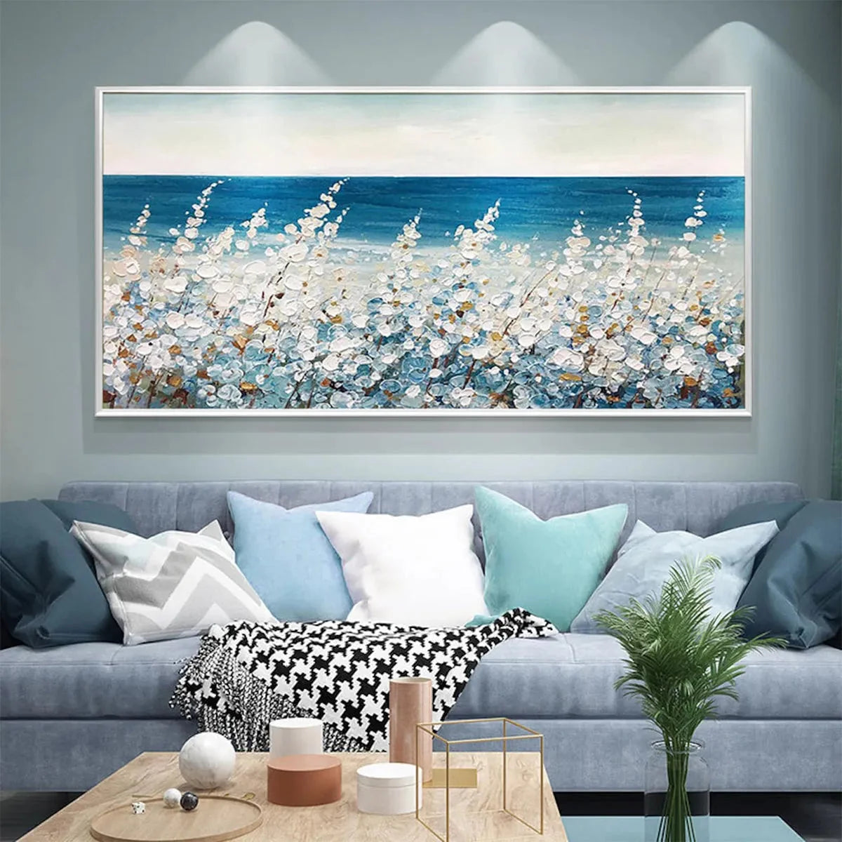 OCEAN BREEZE: Impasto Seascape Oil Painting in Blue and White | gold frame stretched on neutral wall
