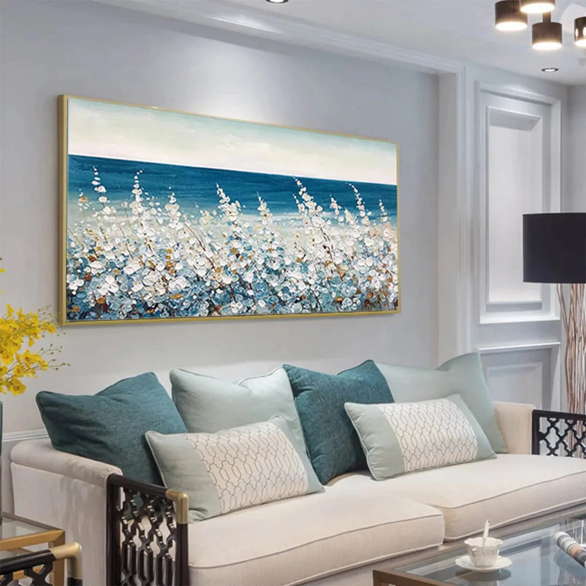 OCEAN BREEZE: Impasto Seascape Oil Painting in Blue and White | black frame version on white wall