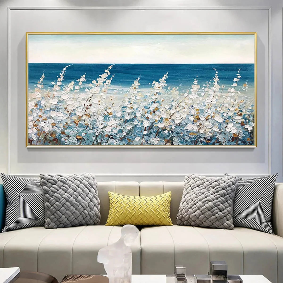 OCEAN BREEZE: Impasto Seascape Oil Painting in Blue and White | Abstract mood, soft natural light studio shot