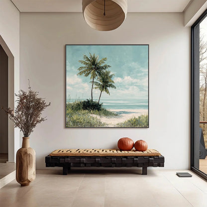 OCEAN BREEZE: Serene Coastal Palm Tree Beach Painting | Figurative closeup, raised brushwork detail