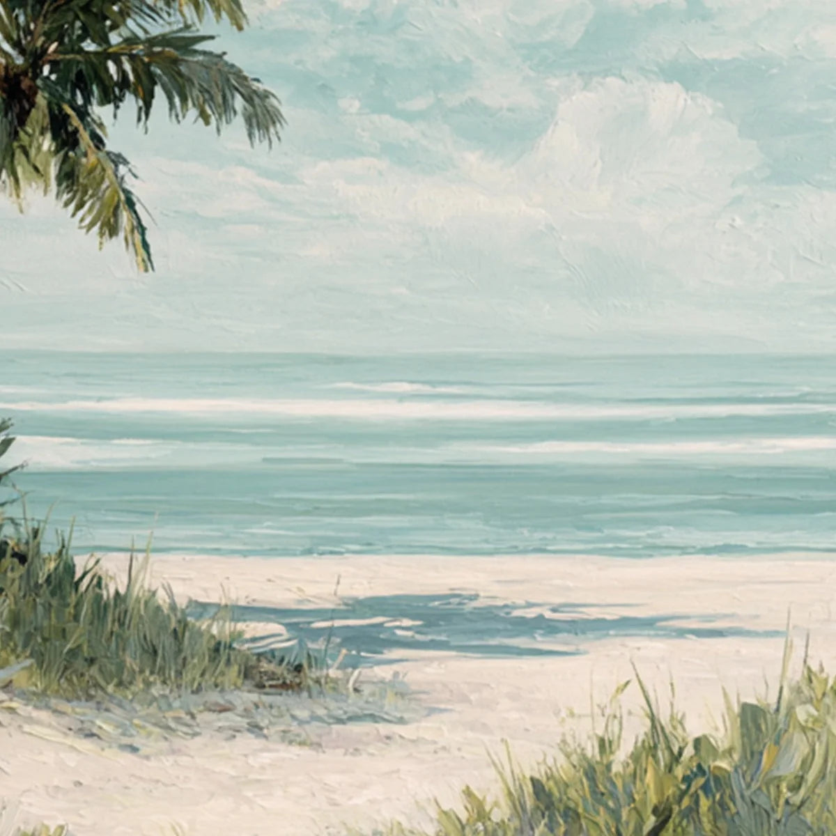 OCEAN BREEZE: Serene Coastal Palm Tree Beach Painting | rectangular format, hand-painted canvas edge