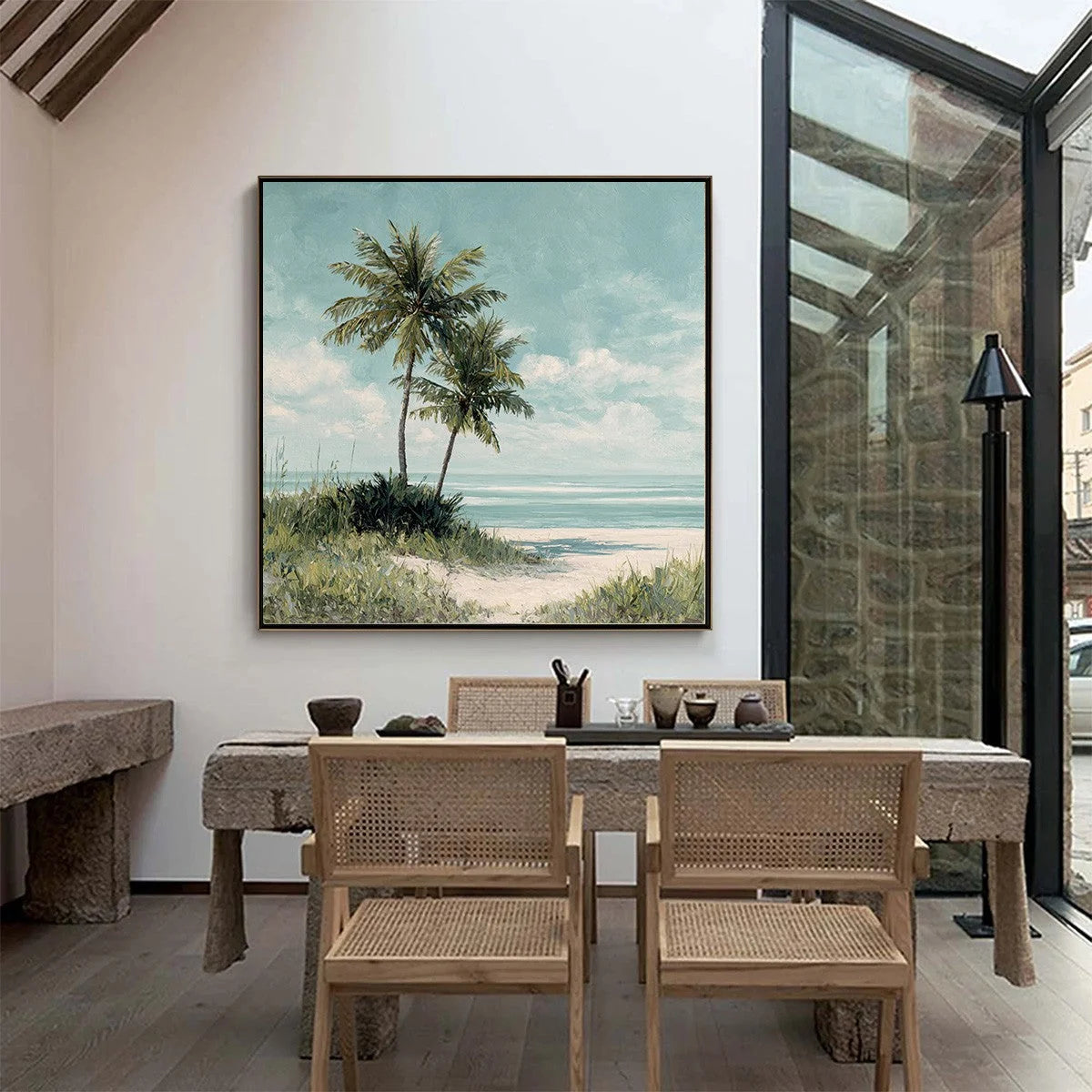 OCEAN BREEZE: Serene Coastal Palm Tree Beach Painting | gold frame stretched on neutral wall