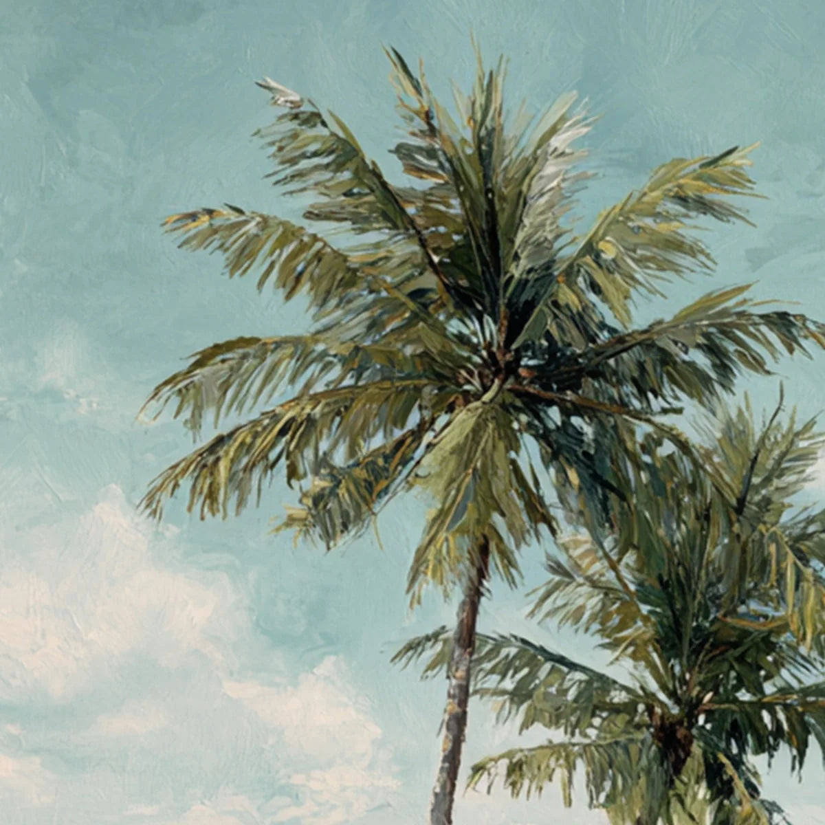 OCEAN BREEZE: Serene Coastal Palm Tree Beach Painting | rolled canvas, ready for custom framing