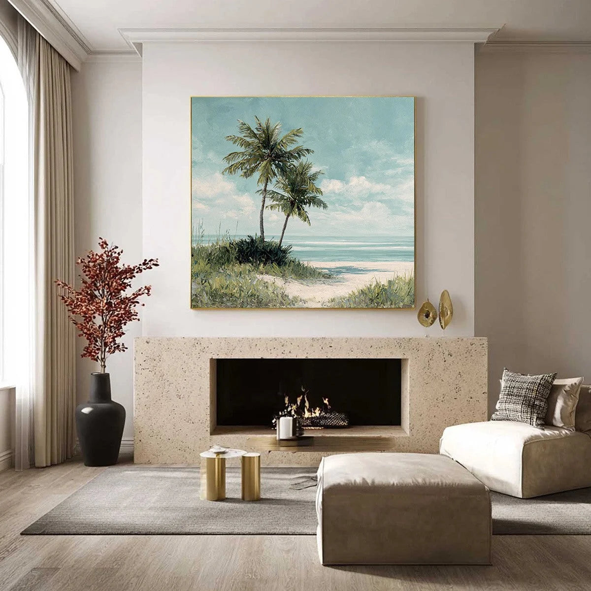 OCEAN BREEZE: Serene Coastal Palm Tree Beach Painting | black frame version on white wall