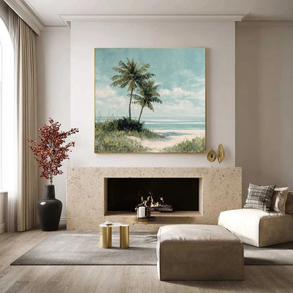 OCEAN BREEZE: Serene Coastal Palm Tree Beach Painting | black frame version on white wall