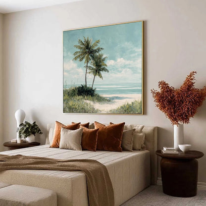 OCEAN BREEZE: Serene Coastal Palm Tree Beach Painting | Figurative mood, soft natural light studio shot