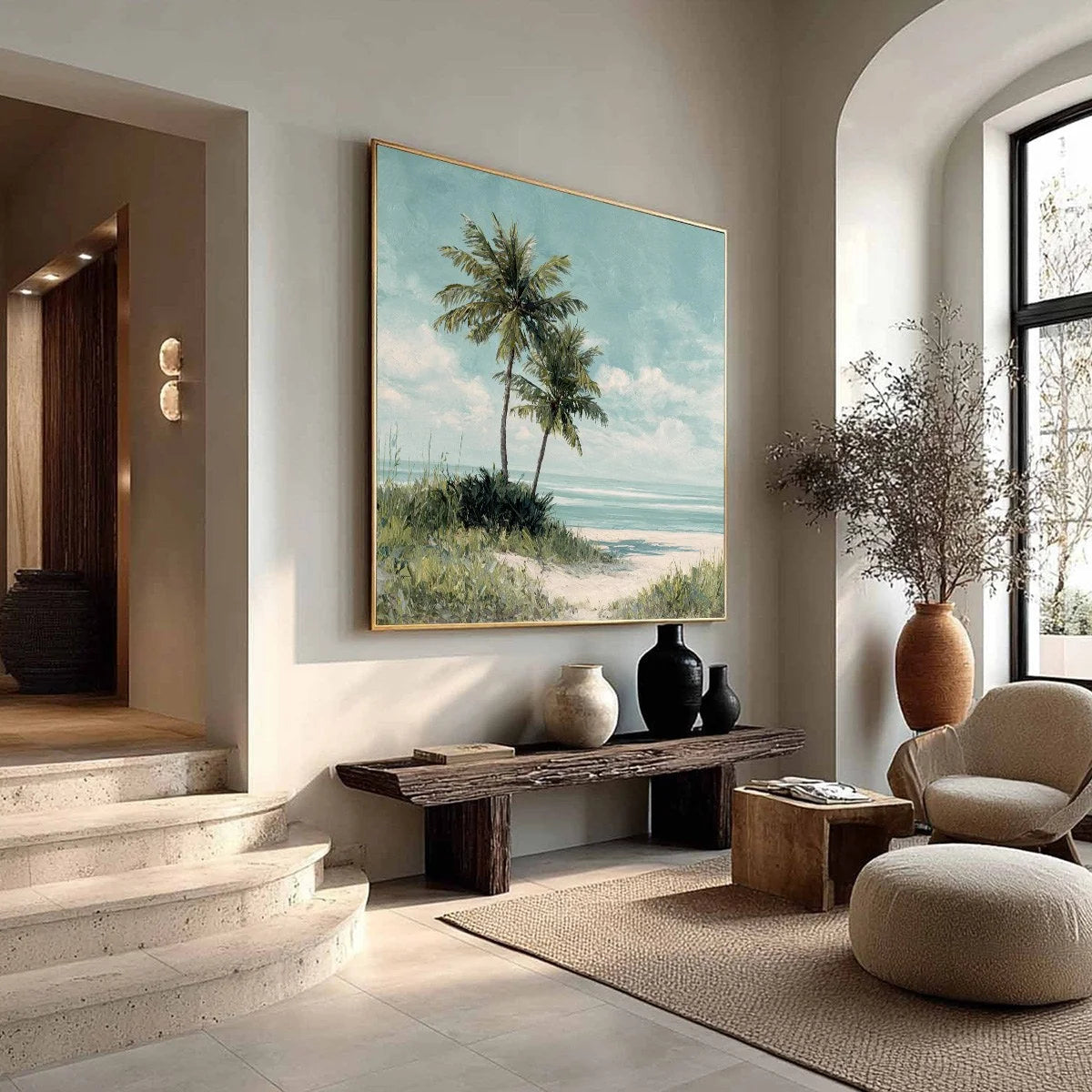 OCEAN BREEZE: Serene Coastal Palm Tree Beach Painting | yellow palette, original oil on stretched canvas art