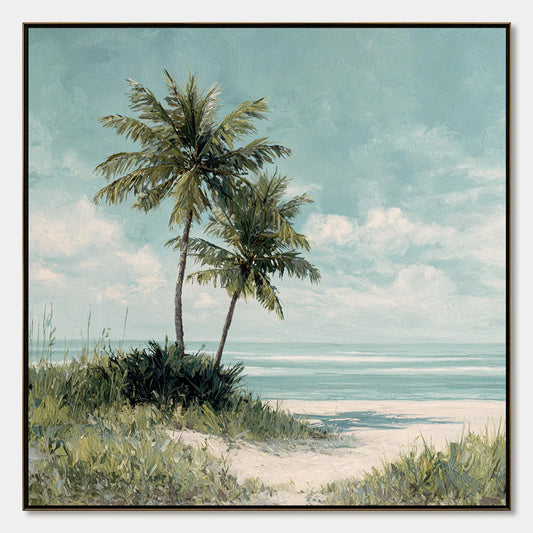 OCEAN BREEZE: Serene Coastal Palm Tree Beach Painting | hanging in living room, Figurative wall art