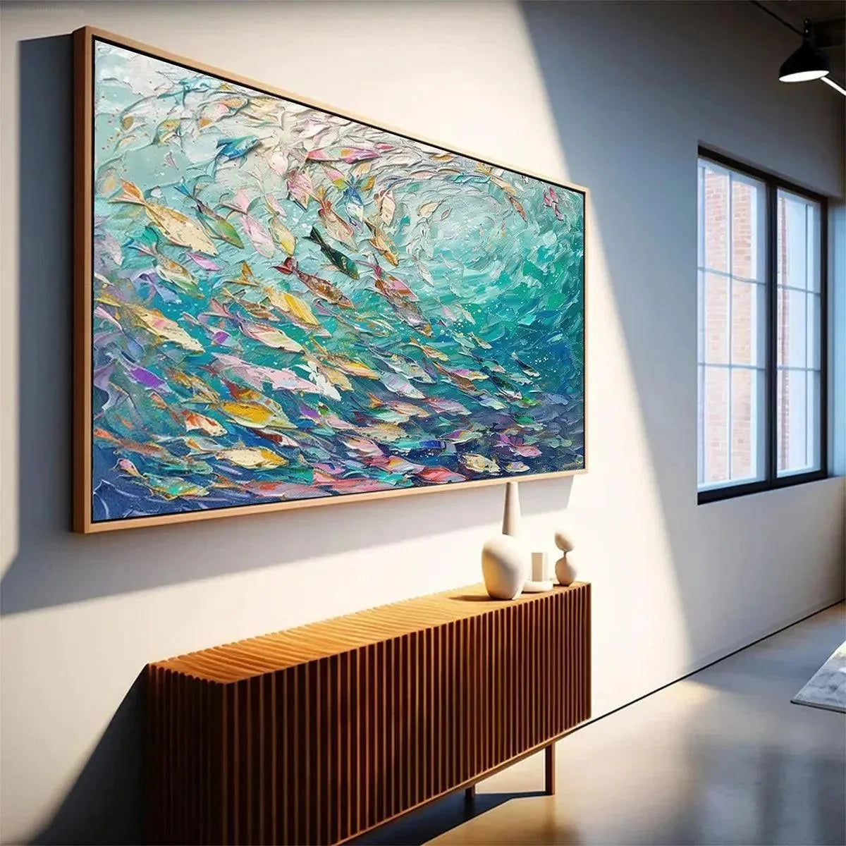 OCEAN CURRENTS: Textured Abstract Seascape Painting in Blues and Greens | gold frame stretched on neutral wall
