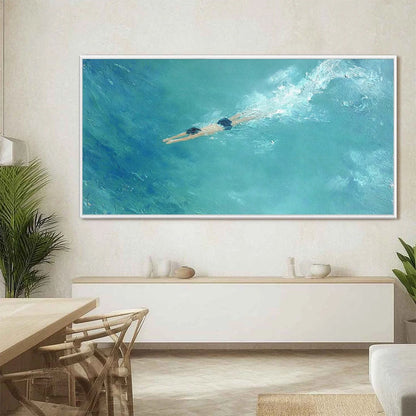 OCEAN DIVE: Textured Minimalist Seascape Oil Painting | gold frame stretched on neutral wall