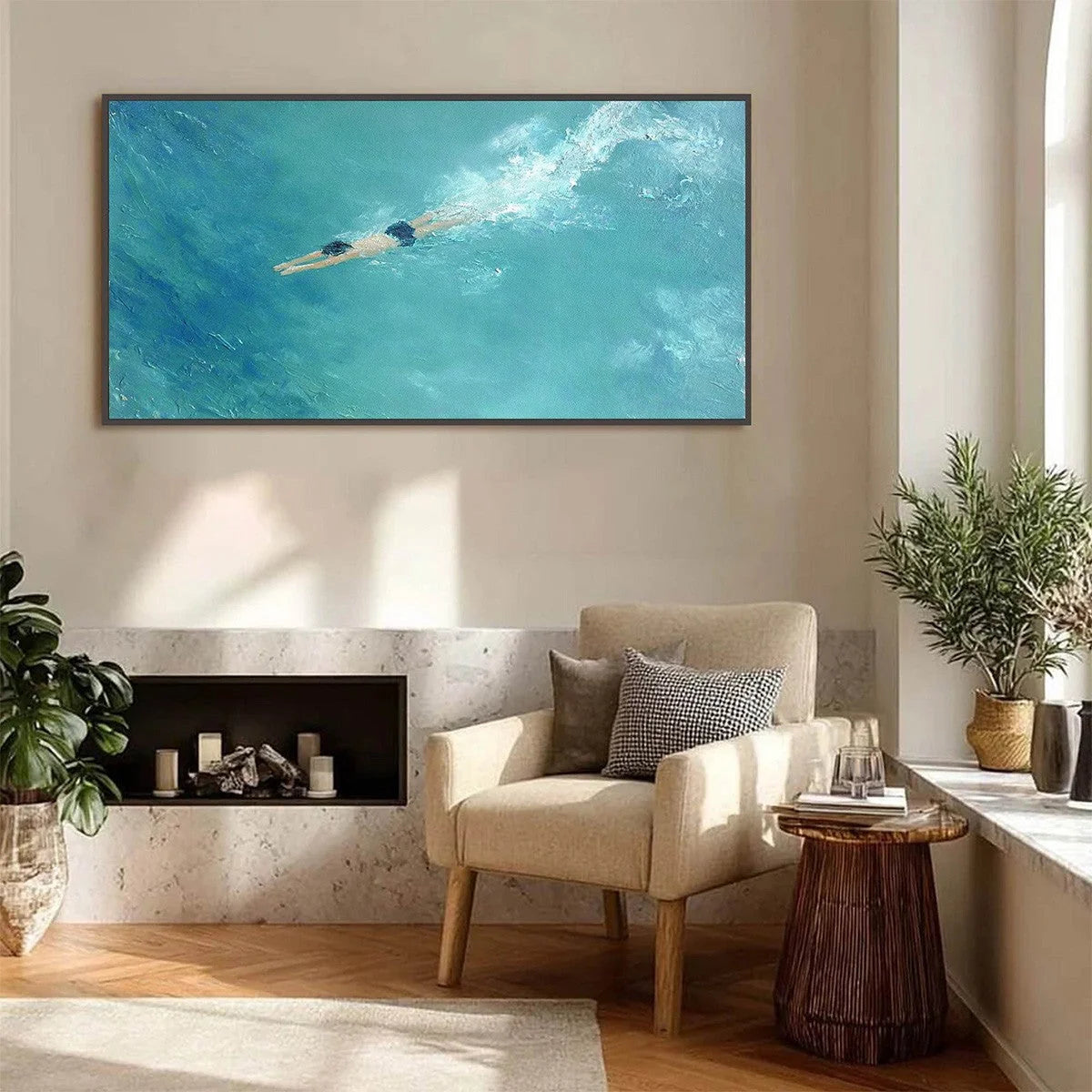 OCEAN DIVE: Textured Minimalist Seascape Oil Painting | black frame version on white wall