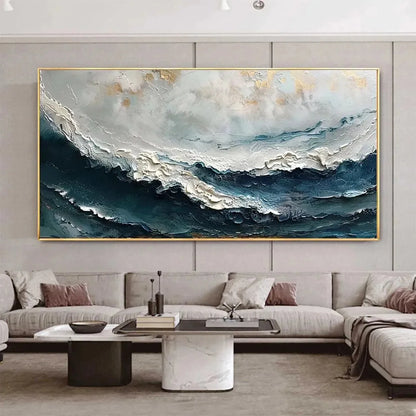 OCEAN DREAM: Textured Abstract Ocean Painting in Blue, White, and Gold | Abstract closeup, raised brushwork detail