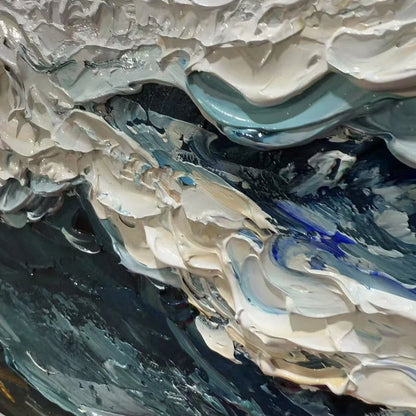 OCEAN DREAM: Textured Abstract Ocean Painting in Blue, White, and Gold | rectangular format, hand-painted canvas edge