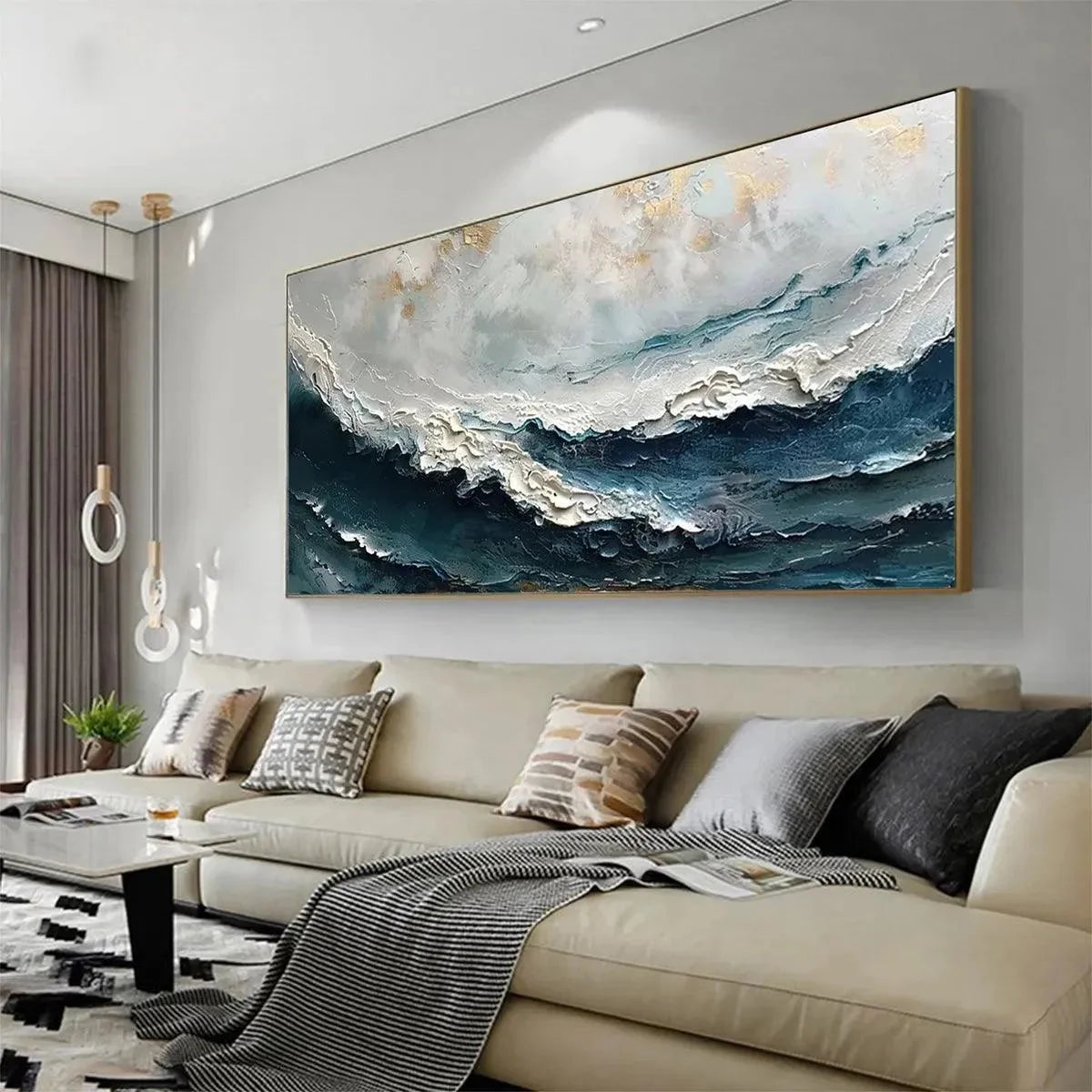 OCEAN DREAM: Textured Abstract Ocean Painting in Blue, White, and Gold | gold frame stretched on neutral wall