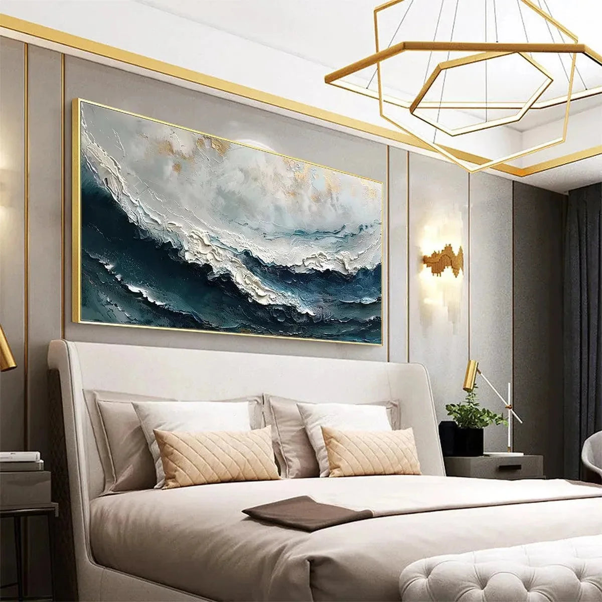 OCEAN DREAM: Textured Abstract Ocean Painting in Blue, White, and Gold | black frame version on white wall